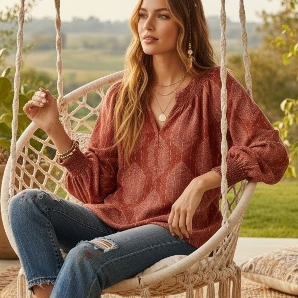 Wonderly Women's M Brown Medallion Peasant Top Long Sleeve Boho Prairie V-Neck